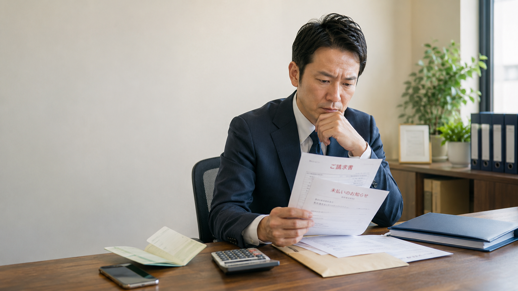 督促状や請求書を前に悩む経営者のイメージ