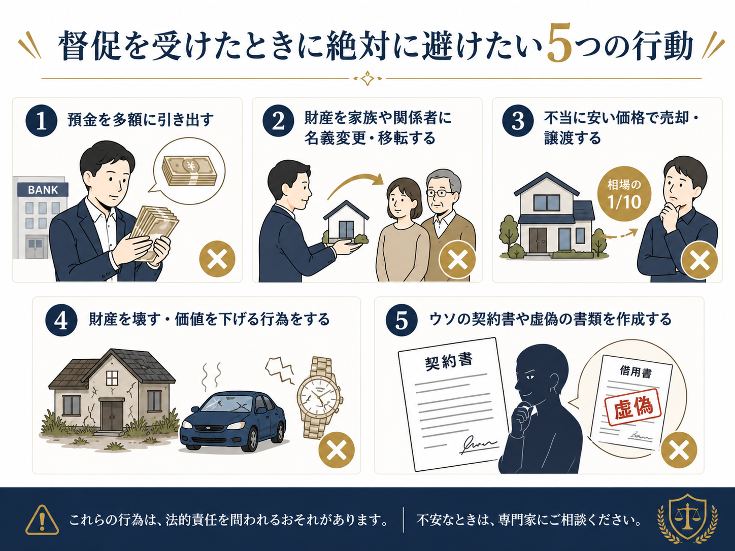 督促を受けたときに絶対に避けたい5つの行動のまとめイラスト
